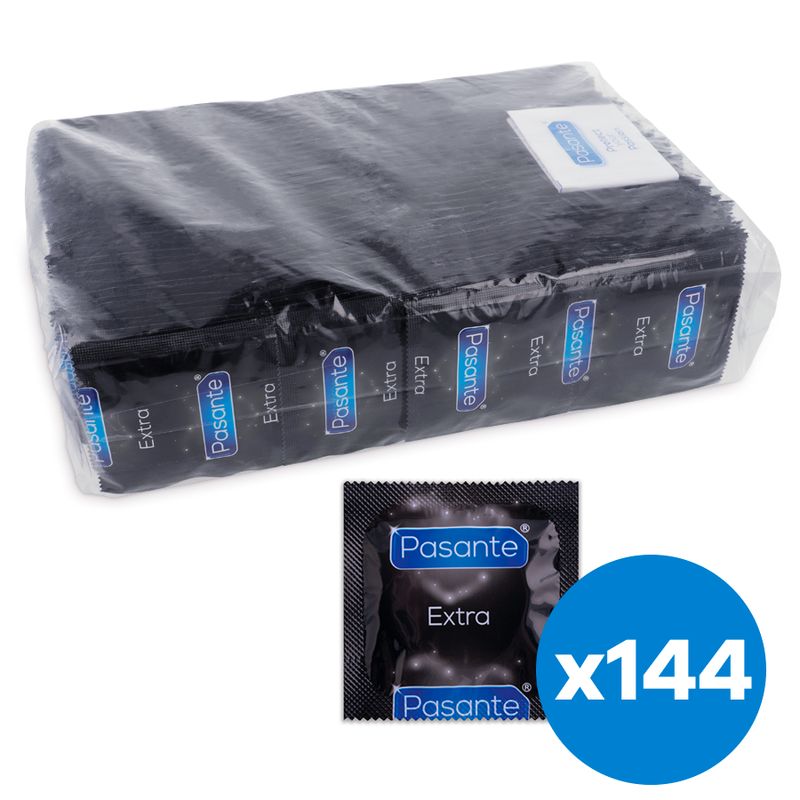 Confezione grande da 144 preservativi Pasante Extra, confezionati singolarmente.