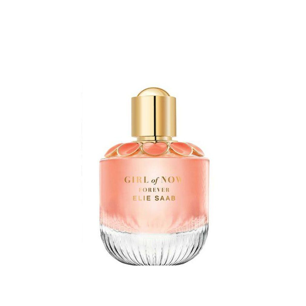 Flacone di profumo con liquido rosa, tappo dorato e design floreale. Scritta: GIRL OF NOW FOREVER ELIE SAAB.