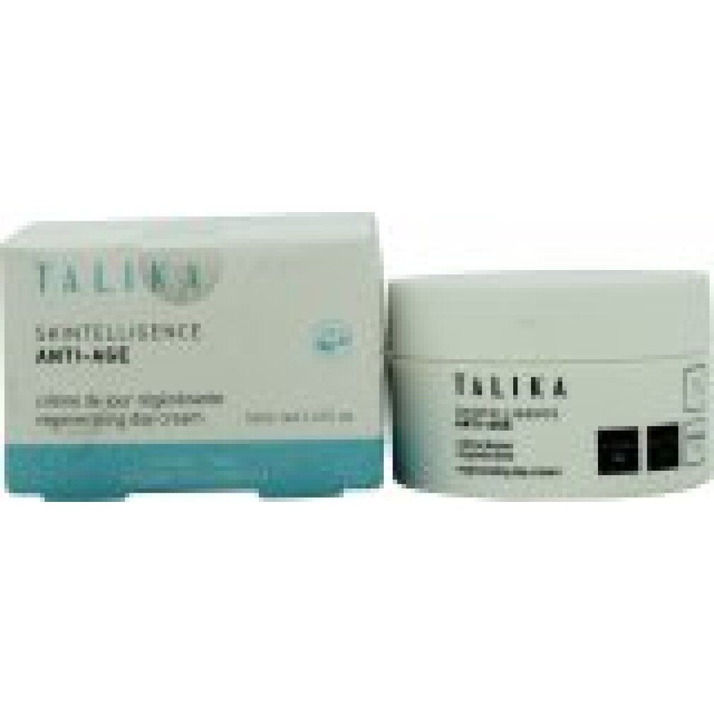 Confezione e vaso bianchi con scritta TALIKA, SKINTELLIGENCE ANTI-AGE. Crema giorno rigenerante.