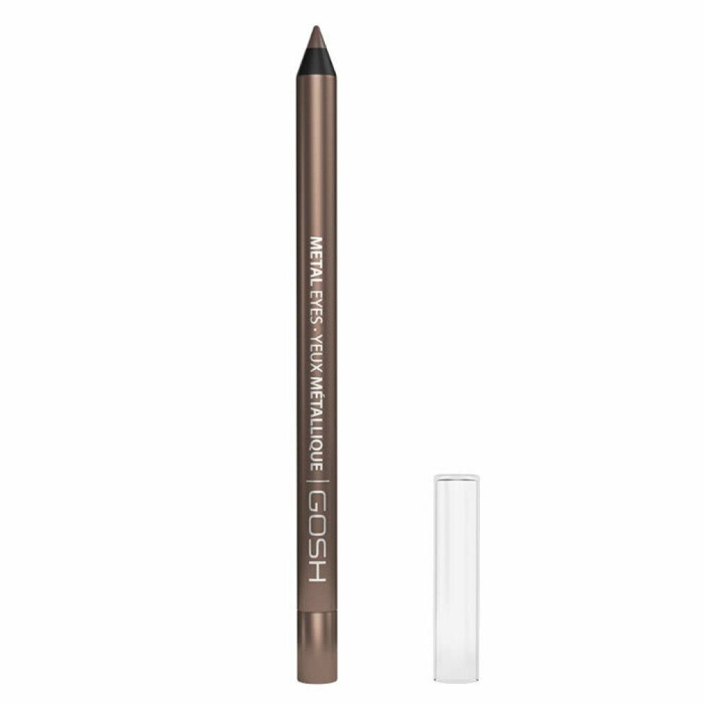 Matita eyeliner marrone con cappuccio trasparente accanto. Scritta: METAL EYES, GOSH.