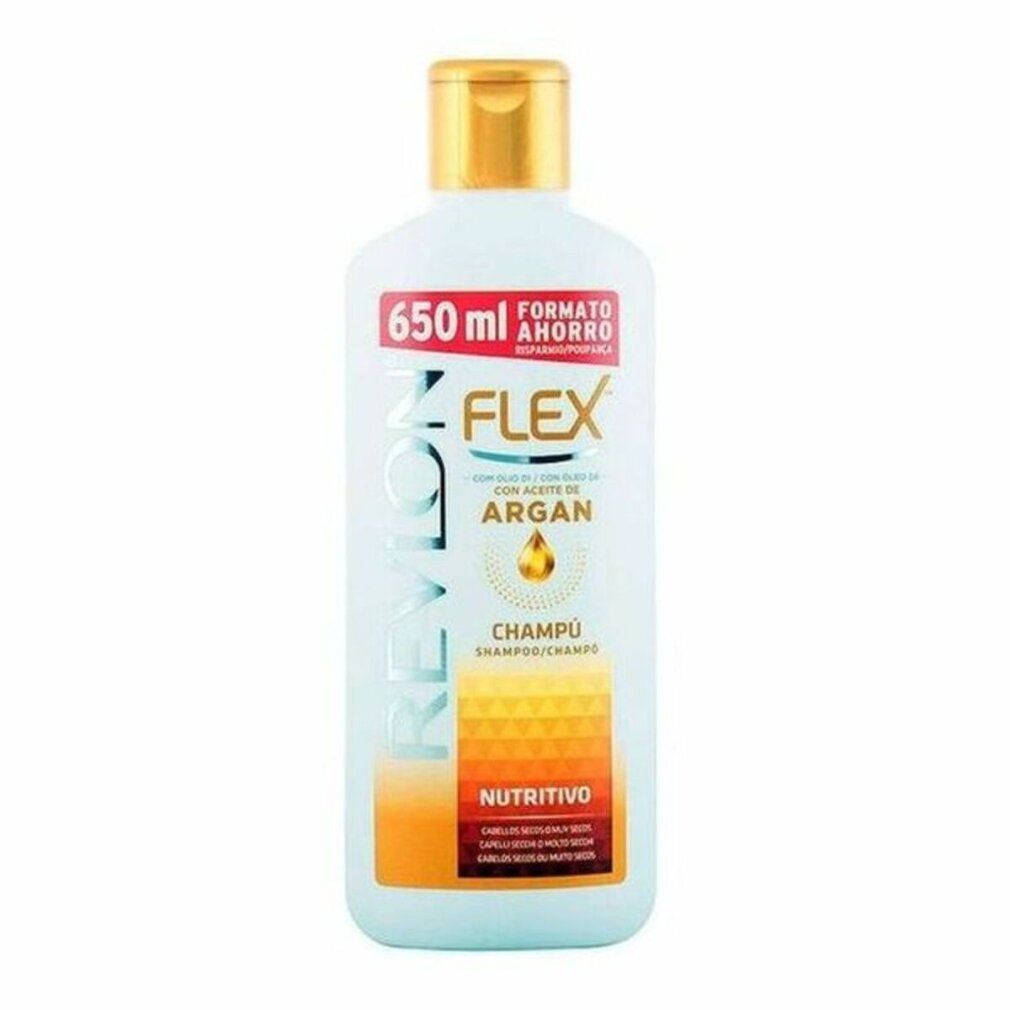 Flacone bianco con tappo dorato. Scritta: Revlon Flex, olio di argan, Champú Nutritivo. Volume: 650 ml.