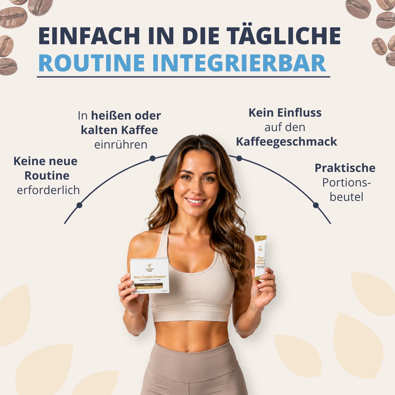 Una donna integra facilmente il Golden Tree Slim Coffee Booster nella routine quotidiana.