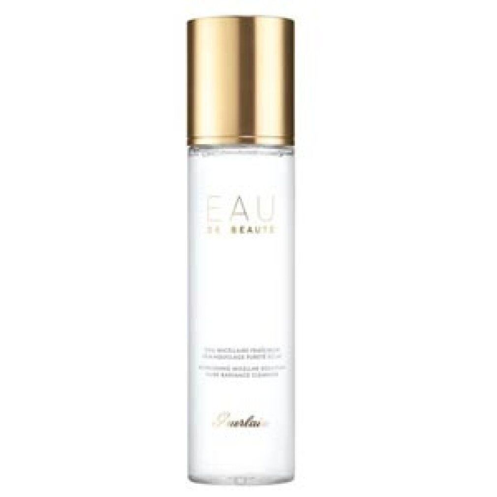 Lozione Micellare Eau De Beauté, flacone trasparente con tappo dorato. Testo: Eau de Beauté, Guerlain.