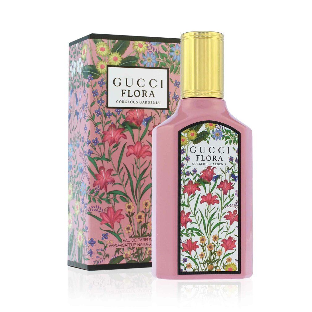 Flacone e confezione rosa. Confezione con motivo floreale e scritta Gucci Flora Gorgeous Gardenia.