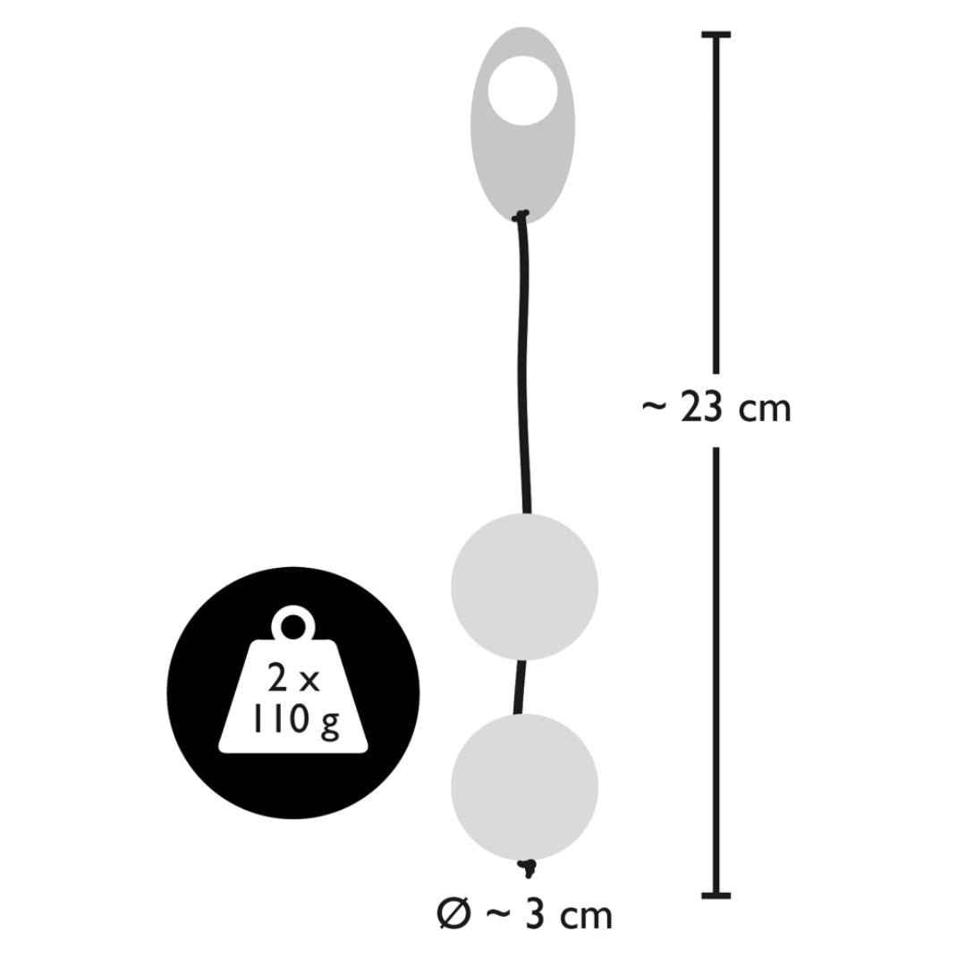 Rappresentazione grafica: due sfere collegate da un cordino, con manico. Dimensioni: 23 cm di lunghezza, 3 cm di diametro. Peso: 2 x 110g.
