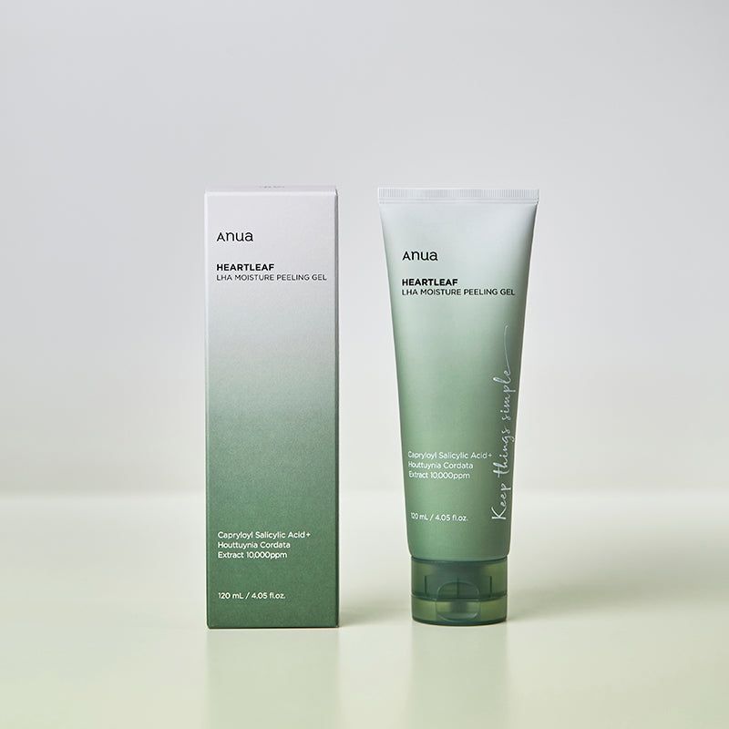 Prodotto e confezione. Scritta: ANUA, HEARTLEAF LHA MOISTURE PEELING GEL. Testo: Keep things simple.
