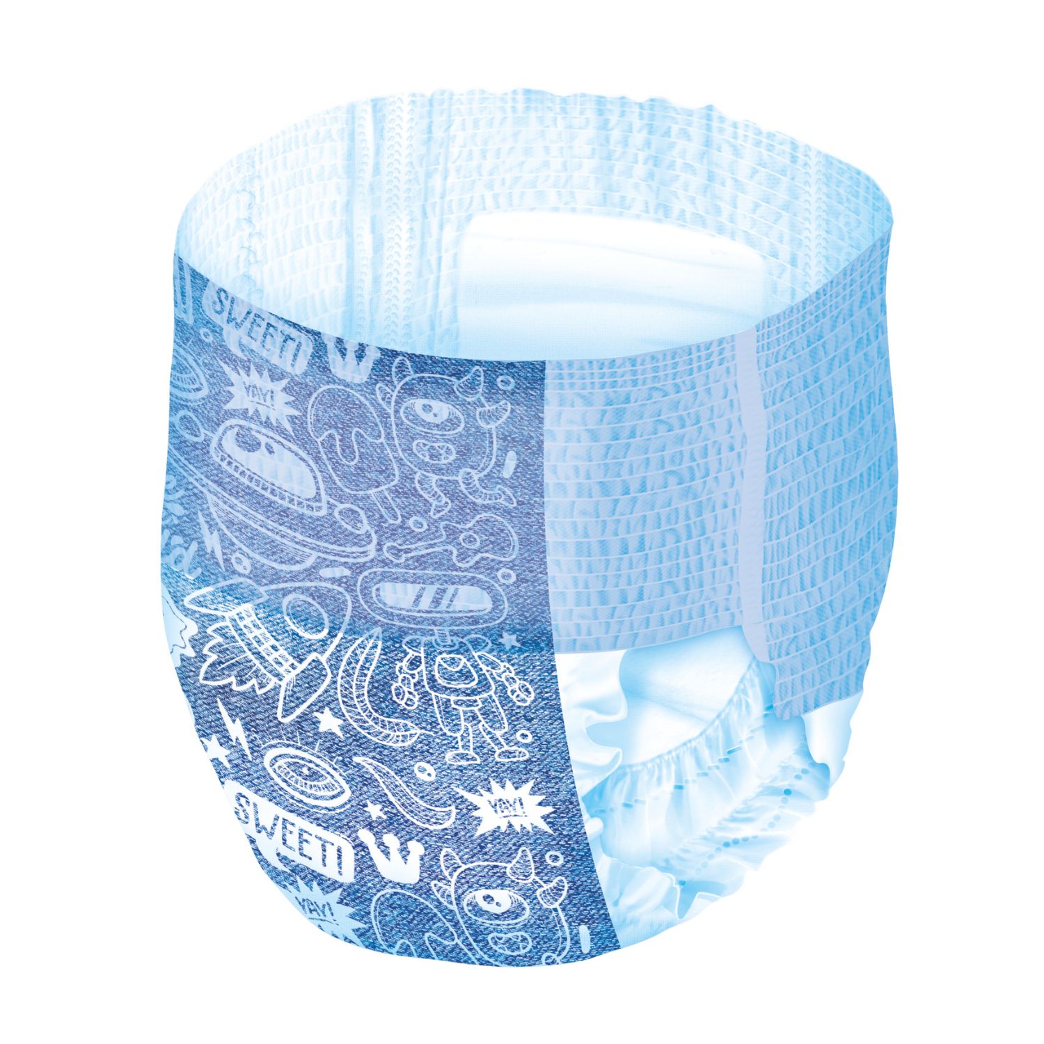 Mutandina assorbente azzurra con disegni di mostri e astronavi. Scritte decorative. Bordi elastici.