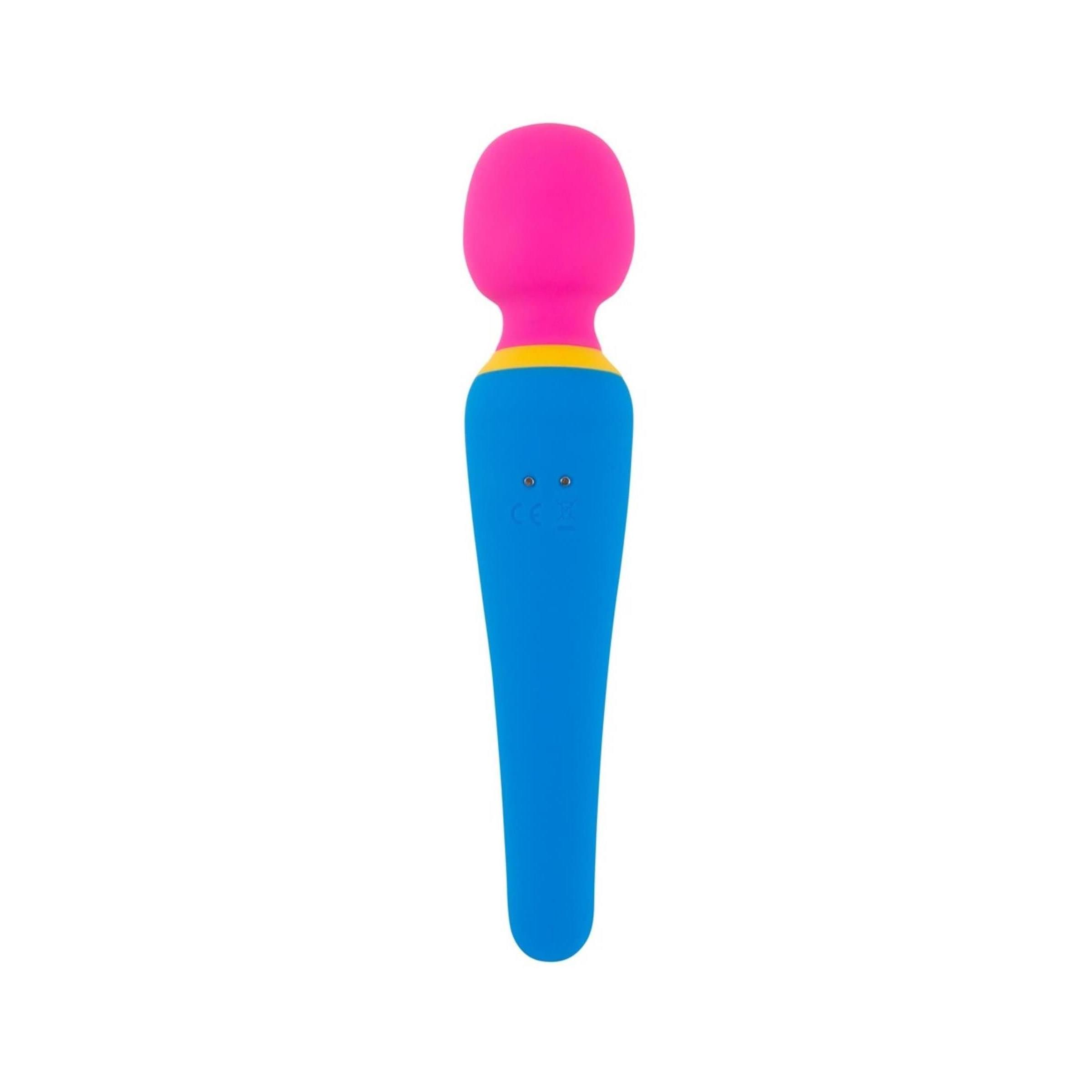 Vibratore blu, giallo e rosa. Impugnatura cilindrica, testa rotonda. Bottone giallo. In silicone.