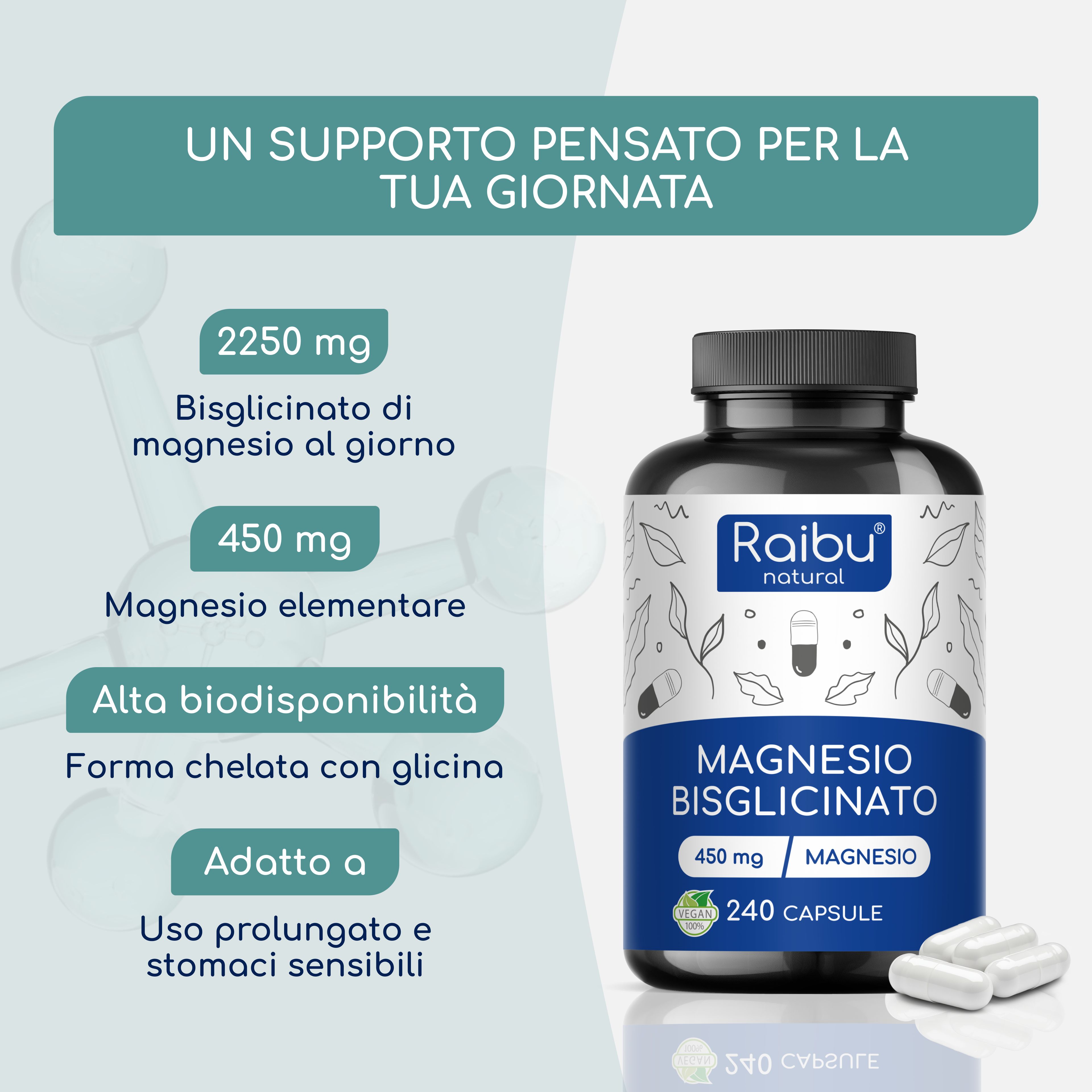 Flacone di capsule di bisglicinato di magnesio. 240 capsule. Testo: 450 mg di magnesio.