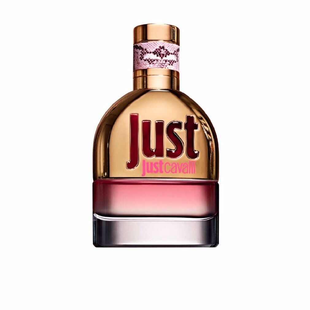 Flacone di profumo con tappo dorato e scritta rosa "JUST justcavalli". Flacone con sfumatura rosa.