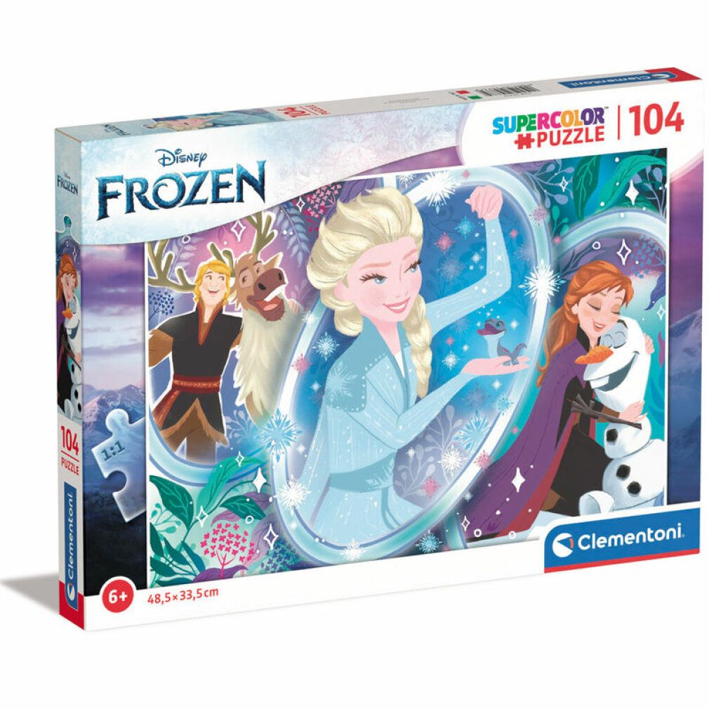 Scatola puzzle Disney Frozen. Contiene 104 pezzi. Stampa: Elsa, Anna, Olaf, Kristoff e Sven. Marchio: Clementoni. Dai 6 anni.
