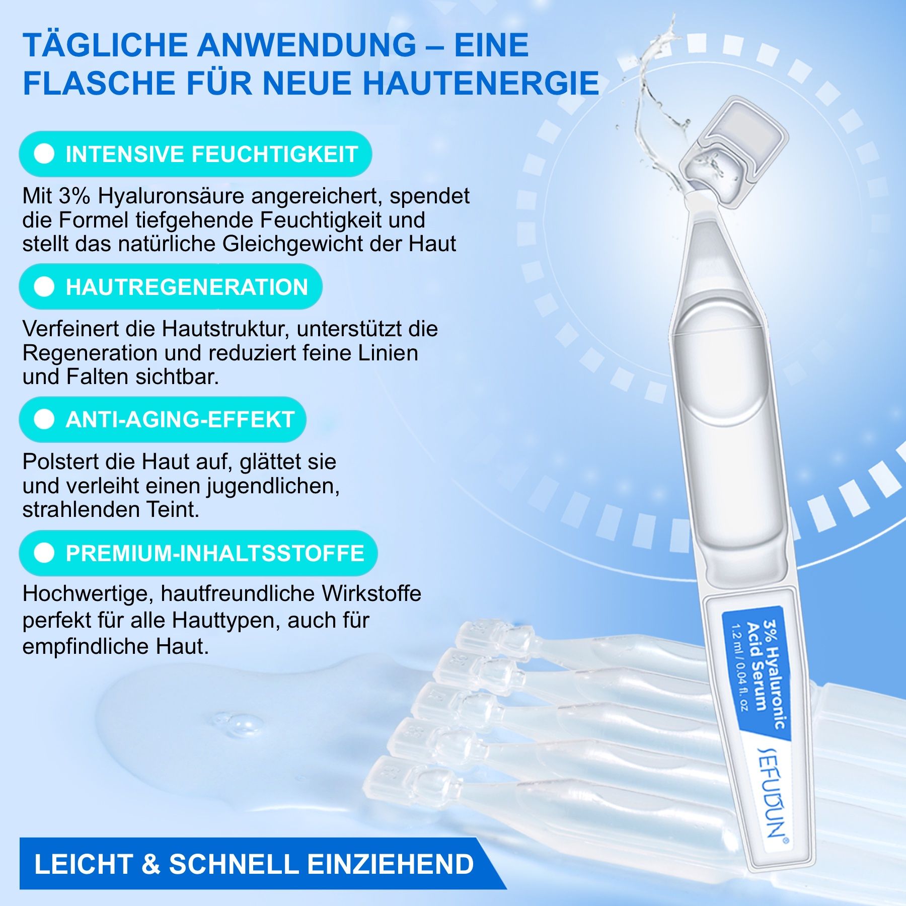 Fiala di siero. Testo: 3% acido ialuronico, rigenerazione della pelle, effetto anti-età. Fiale singole in confezione.