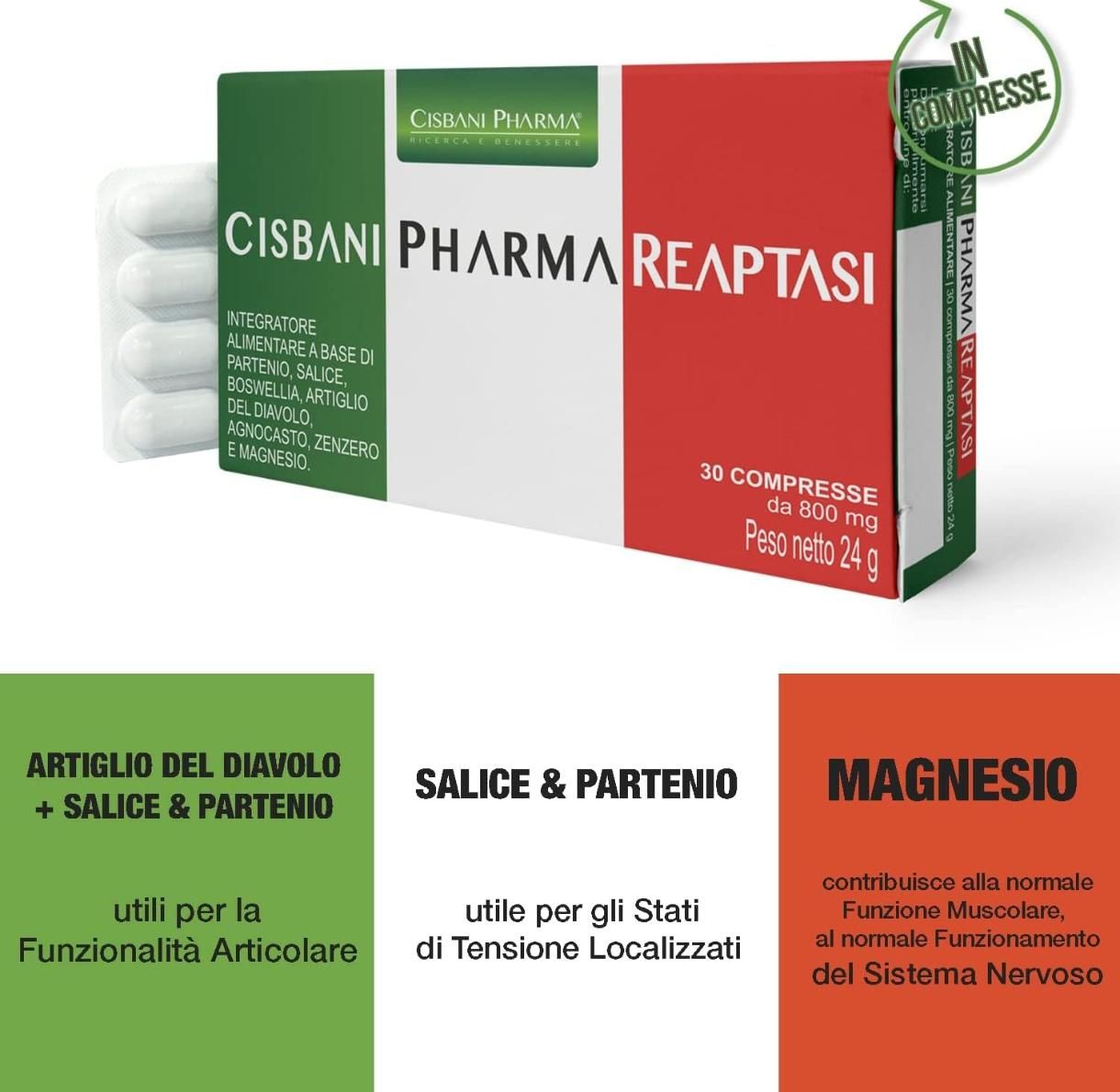 Scatola Cisbani Pharma Reaptasi con compresse. Testo: '30 compresse'. Ingredienti: Artiglio del diavolo, Salice & Partenio, Magnesio.