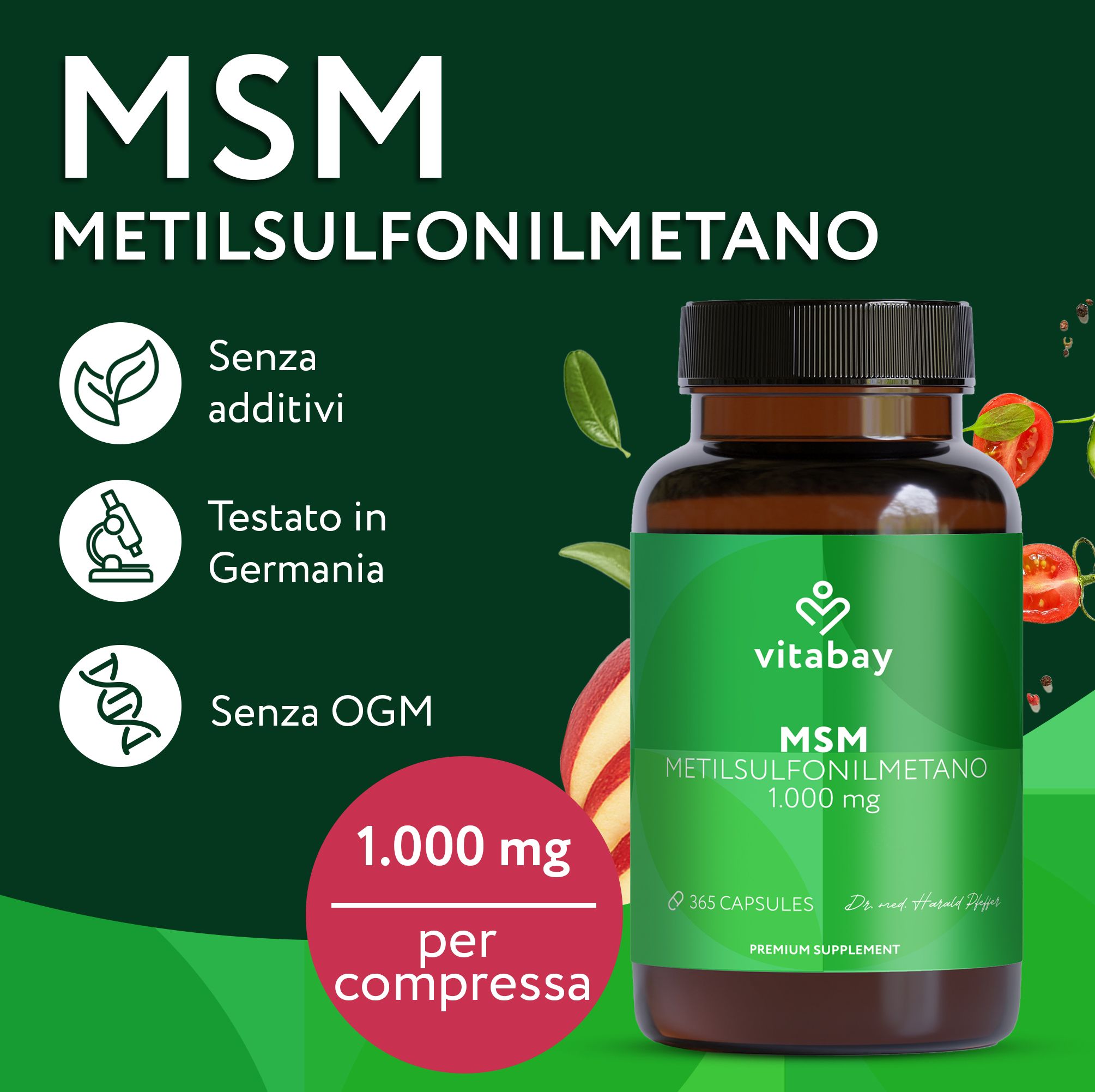 Capsule Vitabay MSM 1000 MG, testo: 1.000 mg per compressa, senza additivi, testato in Germania.