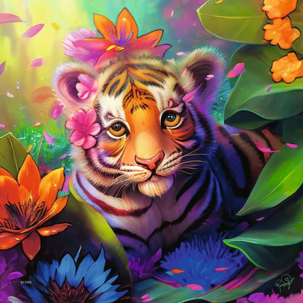 Primo piano di un cucciolo di tigre con pelliccia arancione e strisce nere, circondato da fiori e foglie colorate.