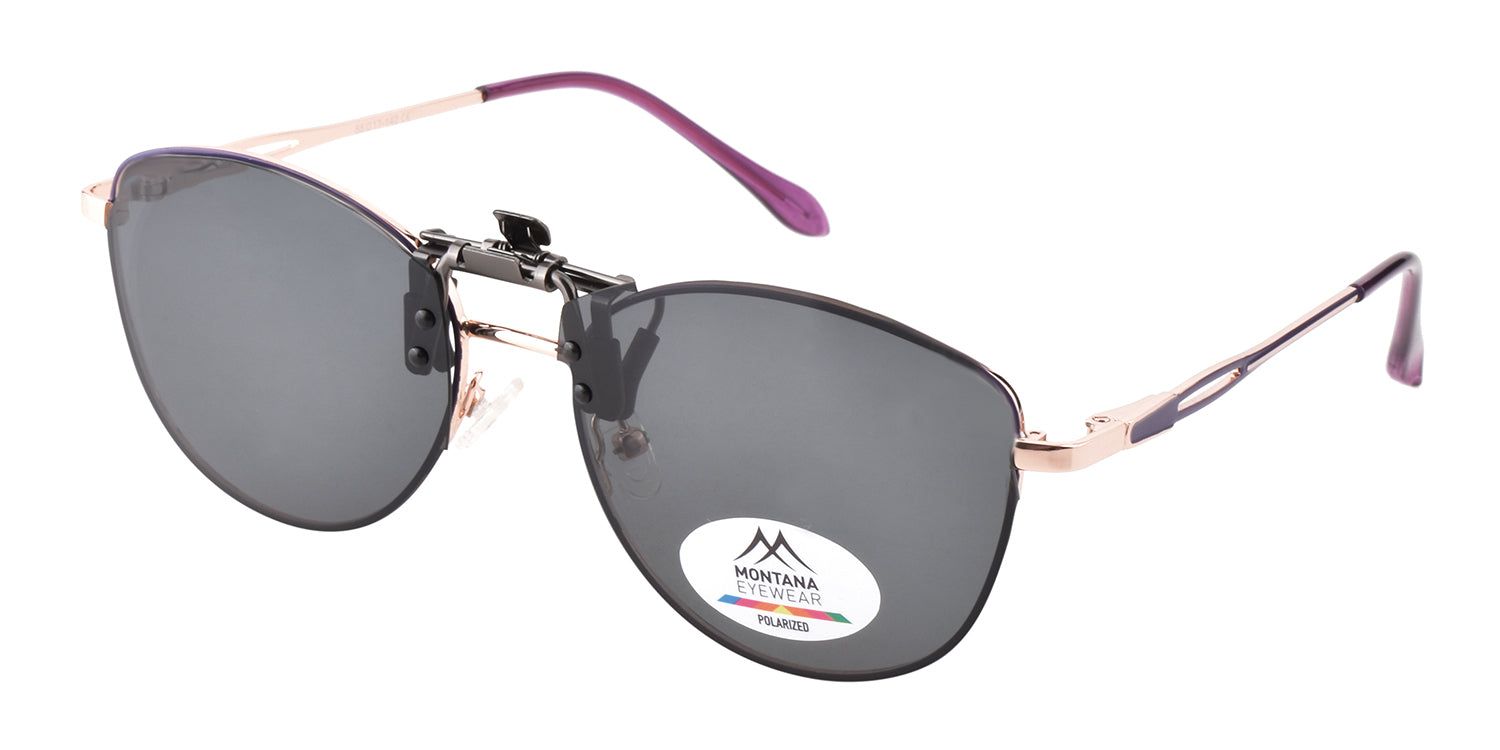 Occhiali da sole a clip Montana Eyewear Sopot con montatura. Montatura dorata, aste viola. Polarizzati. Logo.