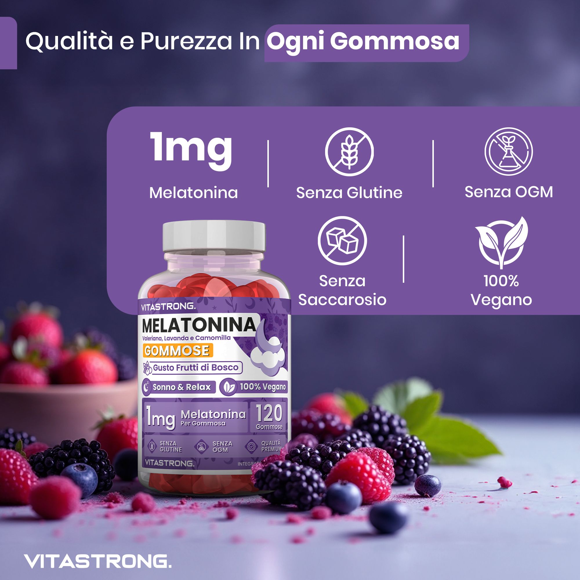Immagine pubblicitaria con flacone di Melatonin GUMMOSE. Testo: Melatonin, 1mg, 120 caramelle gommose. Sonno & Relax. 100% vegano.