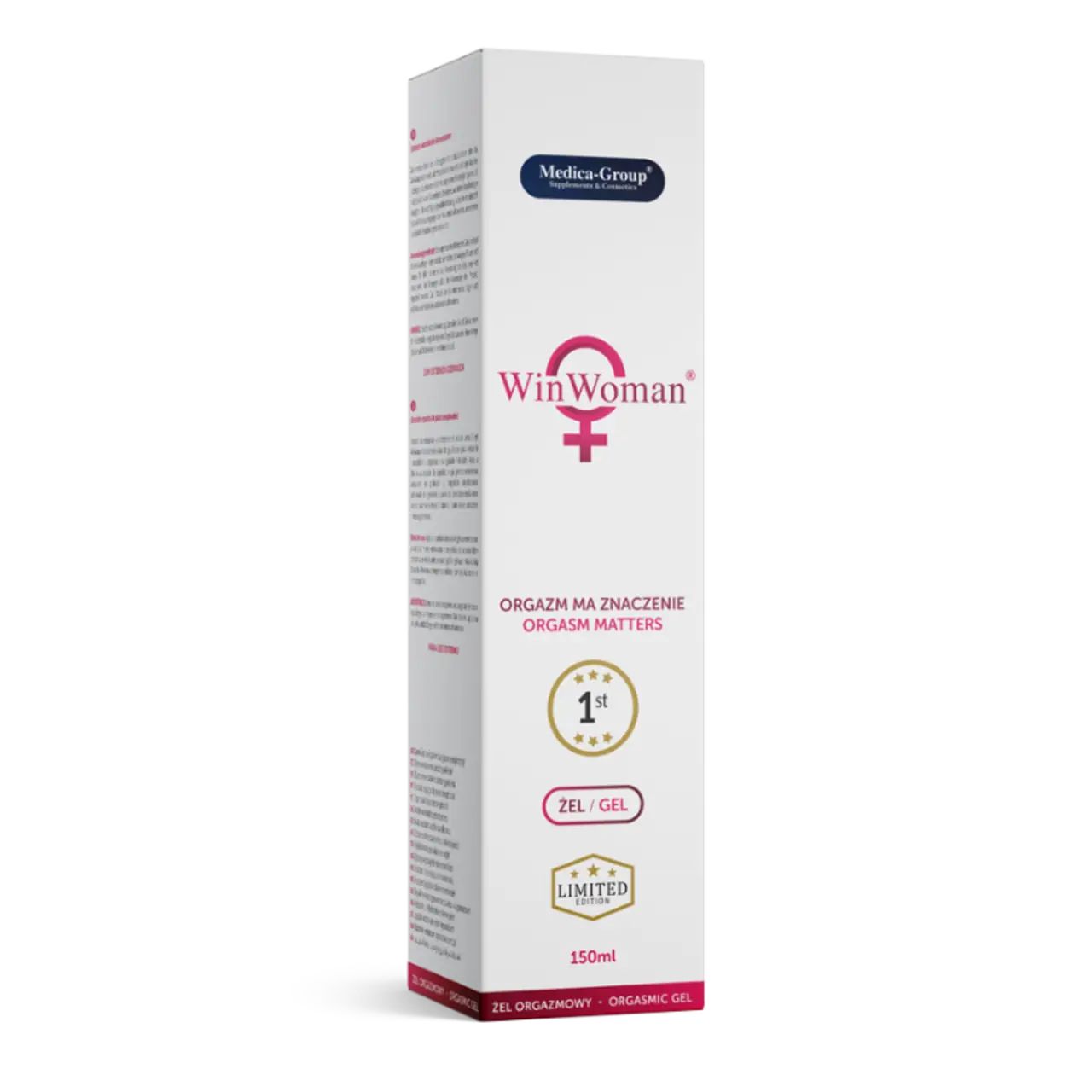 Confezione di gel WinWoman. Scatola bianca con logo, nome del prodotto e testo. Simbolo femminile rosa. 150ml.