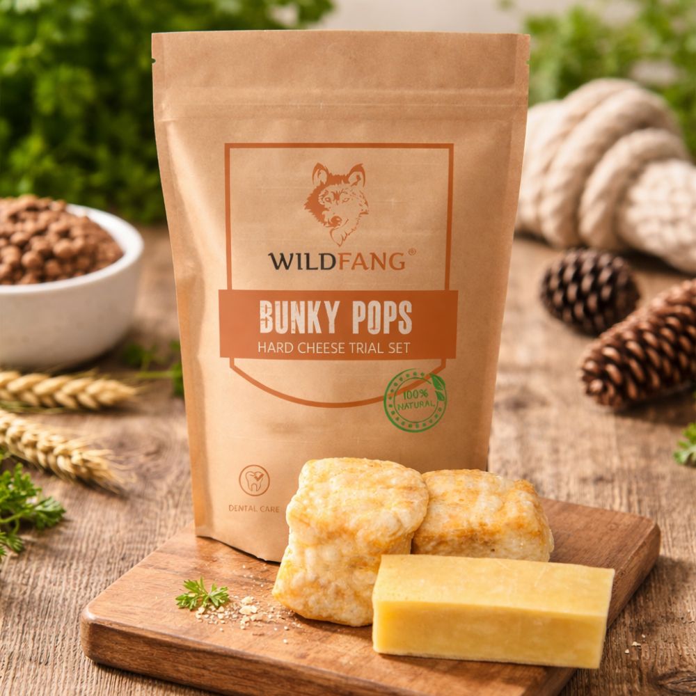 Sacchetto di carta marrone con stampa. Contiene snack al formaggio. Accanto: tagliere con snack al formaggio e formaggio. Marca: Wildfang.