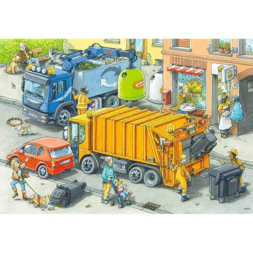 Illustrazione di camion della spazzatura e carro attrezzi in una città. Persone e auto in una scena affollata. Verde e giallo dominano.