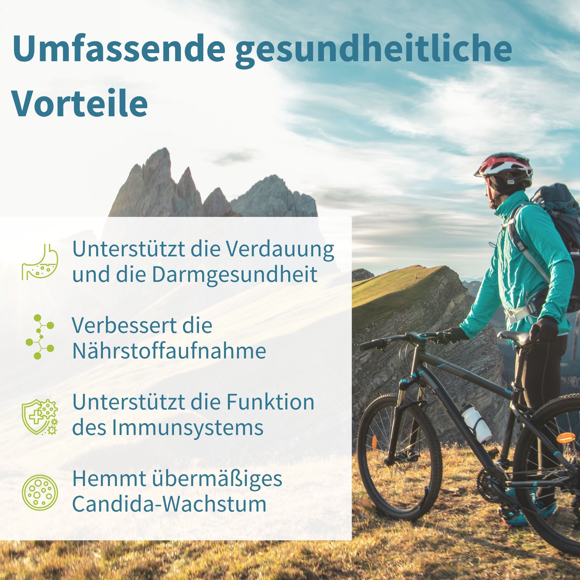 Benefici completi per la salute: Supporta digestione, assorbimento nutrienti e sistema immunitario. Uomo in bicicletta.