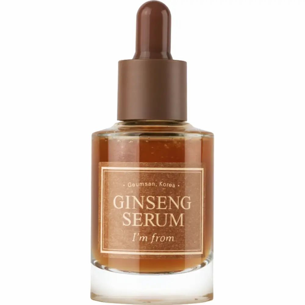 Flacone di vetro con siero marrone e contagocce marrone. Etichetta: "GINSENG SERUM" e "I'm from".