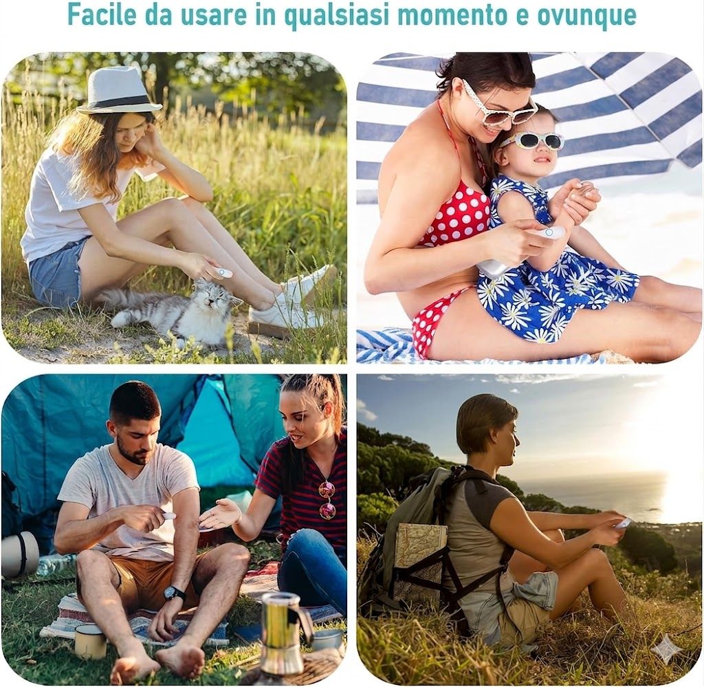 LeaderPro, dispositivo per punture d'insetti. Quattro scene mostrano l'uso in diversi ambienti: natura, spiaggia, campeggio.