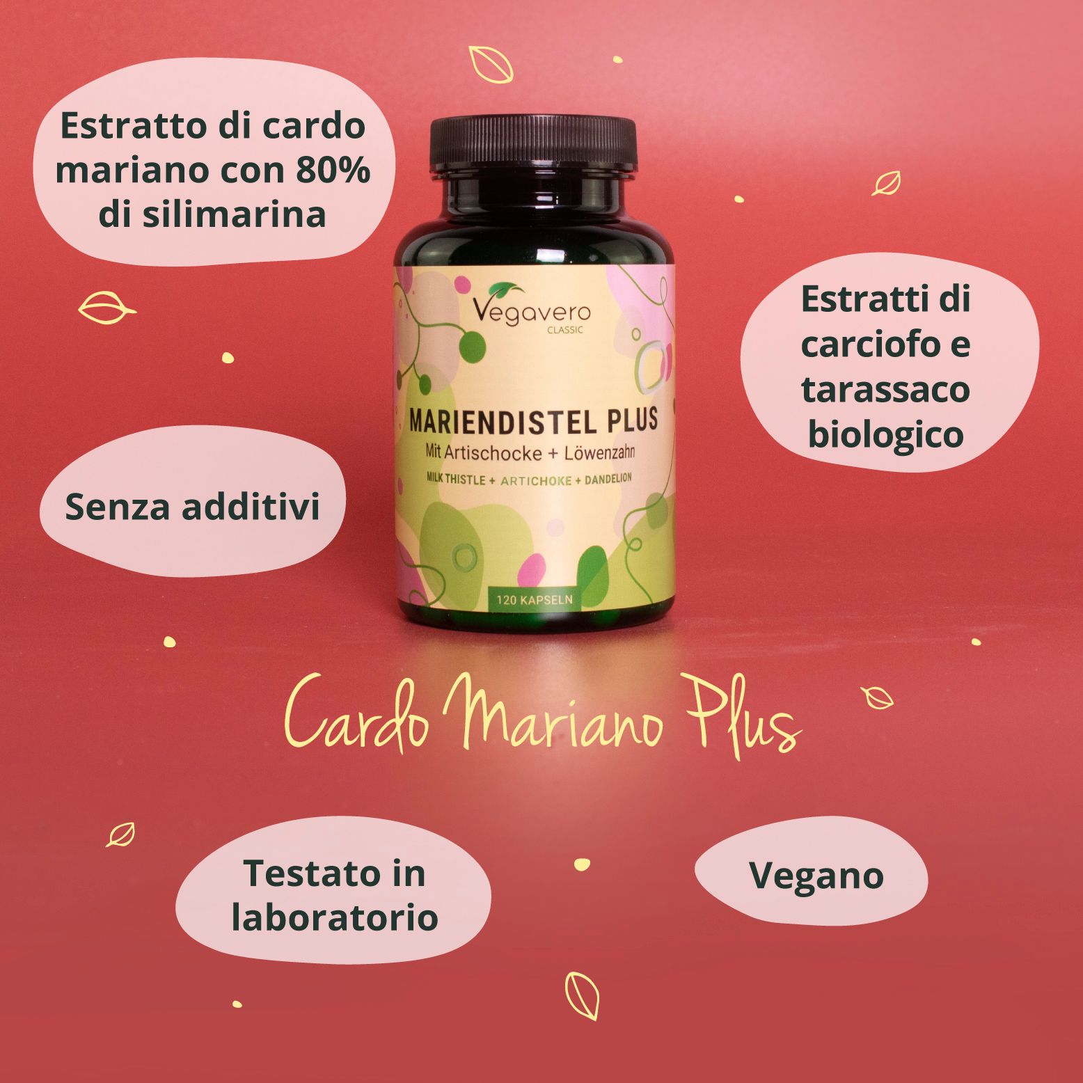 Flacone con capsule, circondato da testo. Scritta: Cardo Mariano Plus, senza additivi, vegano, testato in laboratorio.