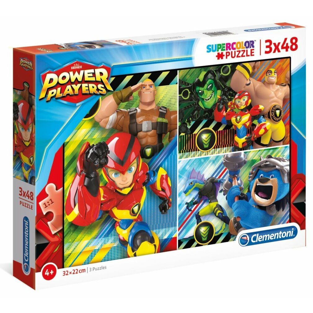 Puzzle Clementoni Power Players 3x48 pezzi. Confezione con quattro motivi. Scritte: Power Players, Supercolor Puzzle, 3x48, Clementoni.