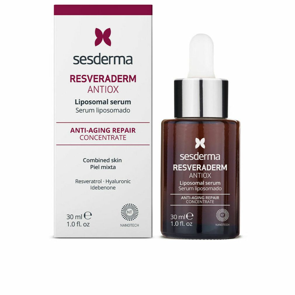 Flacone di vetro marrone con pipetta e confezione. Scritta: Sesderma Resveraderm Antiox, siero liposomiale. 30 ml.
