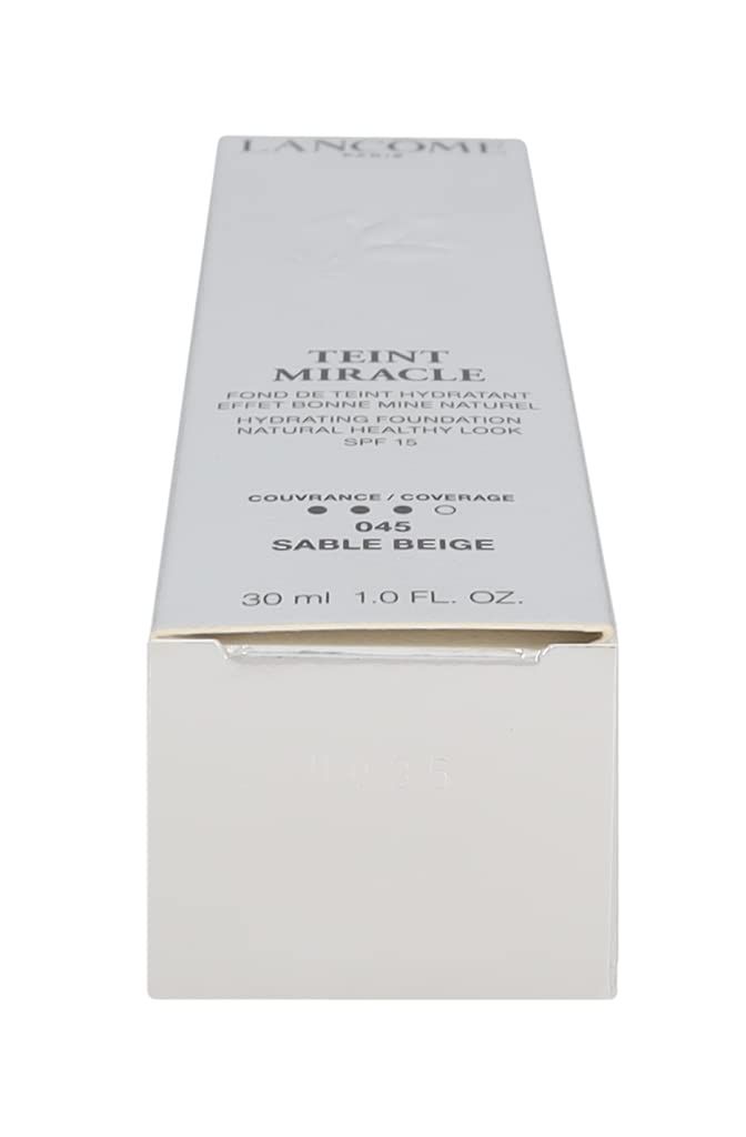 Confezione di fondotinta liquido. Scritte: Lancôme, Teint Miracle, SPF 15, 045 Sable Beige. 30 ml.