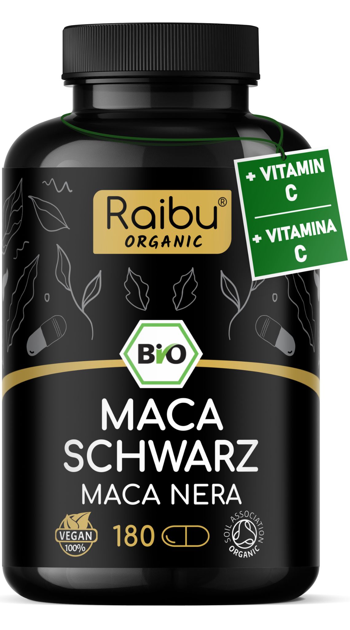 Maca Nera BIO Capsule 3200 mg Alto Dosaggio | Integratore Naturale Vegano da Peru | Raibu