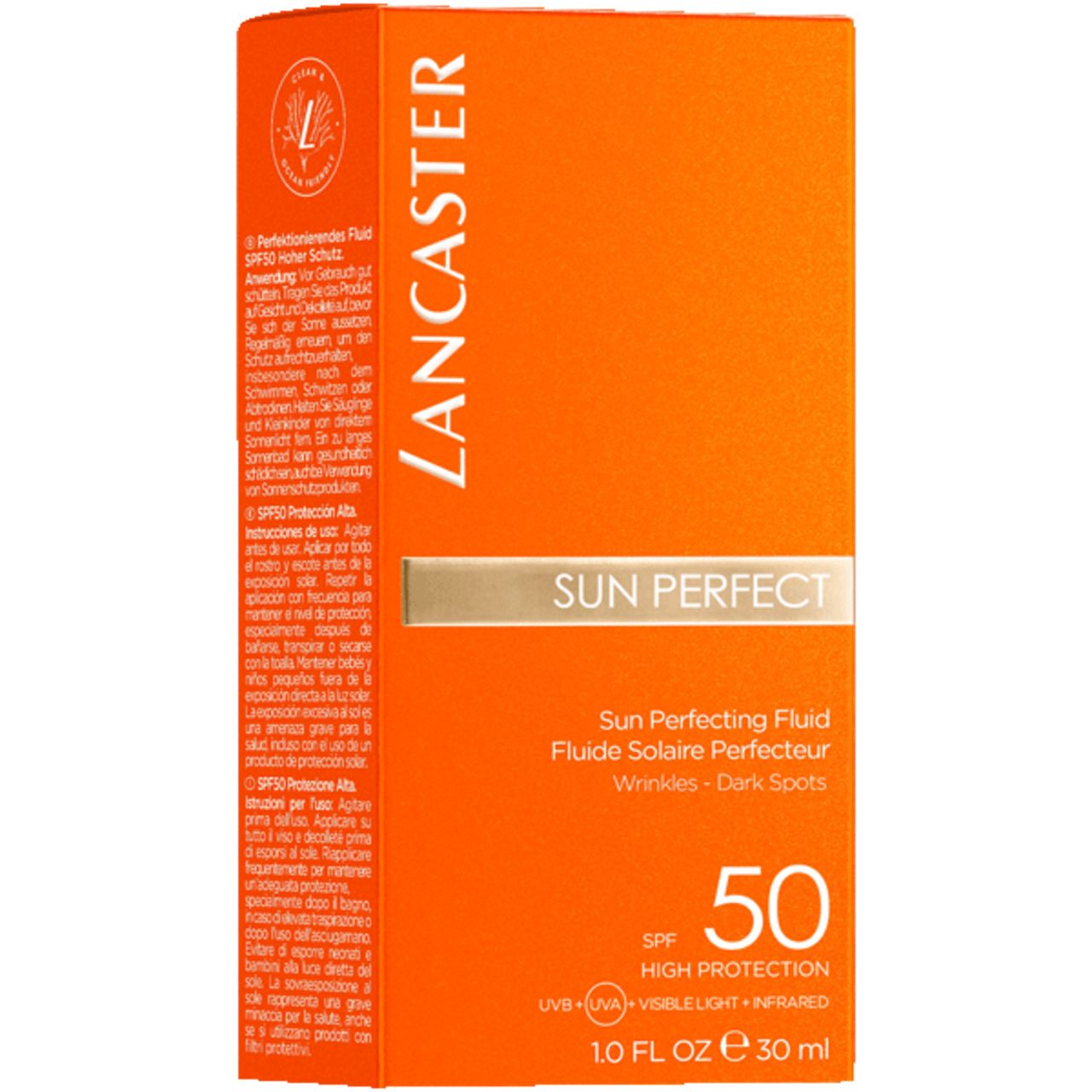 Scatola arancione con informazioni sul prodotto. Scritta: Lancaster Sun Perfect 50 SPF. Testo: Fluide Solaire Perfecteur, Wrinkles - Dark Spots.