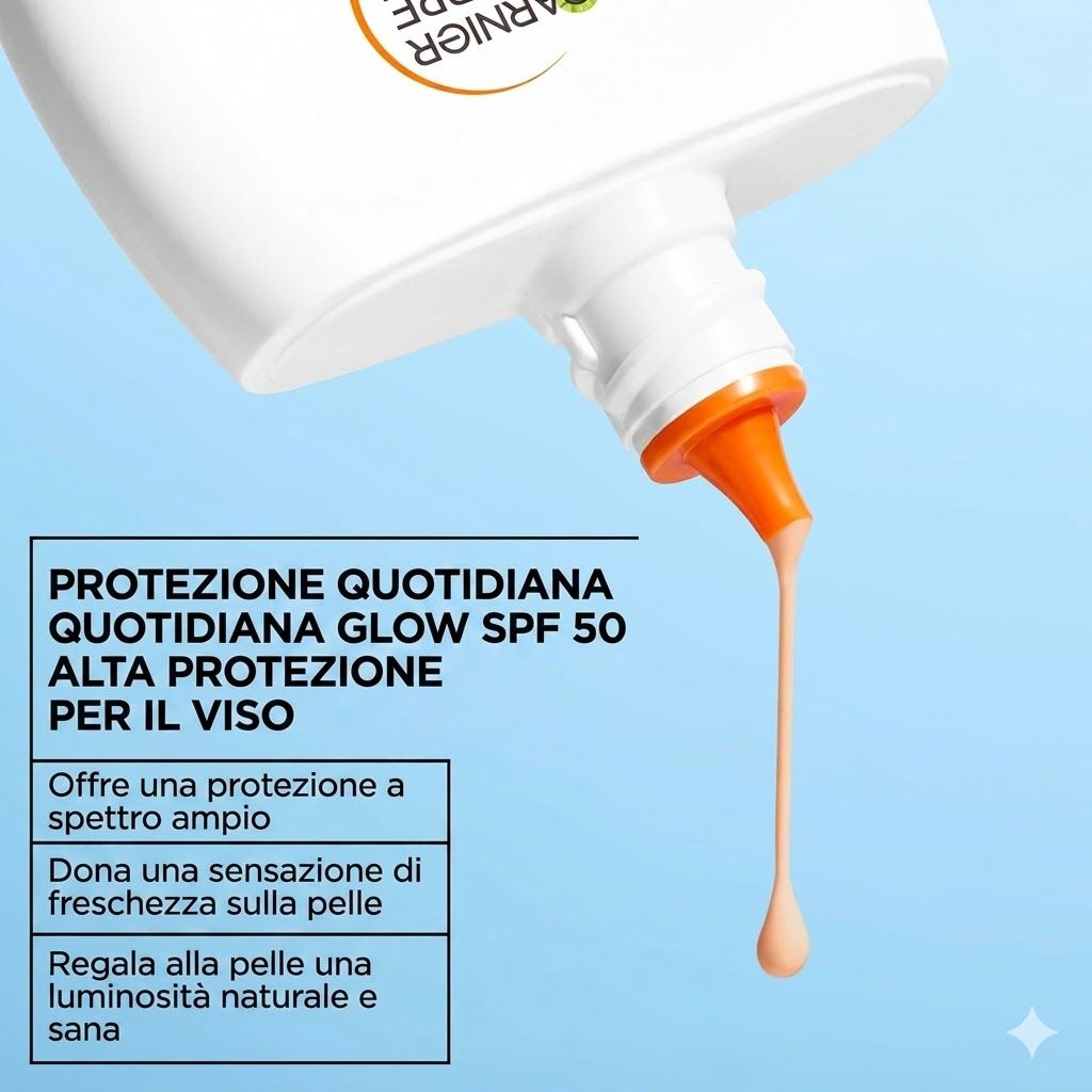 Il prodotto gocciola. Testo: Glow quotidiano SPF 50. Alta protezione per il viso. Offre una protezione ad ampio spettro.