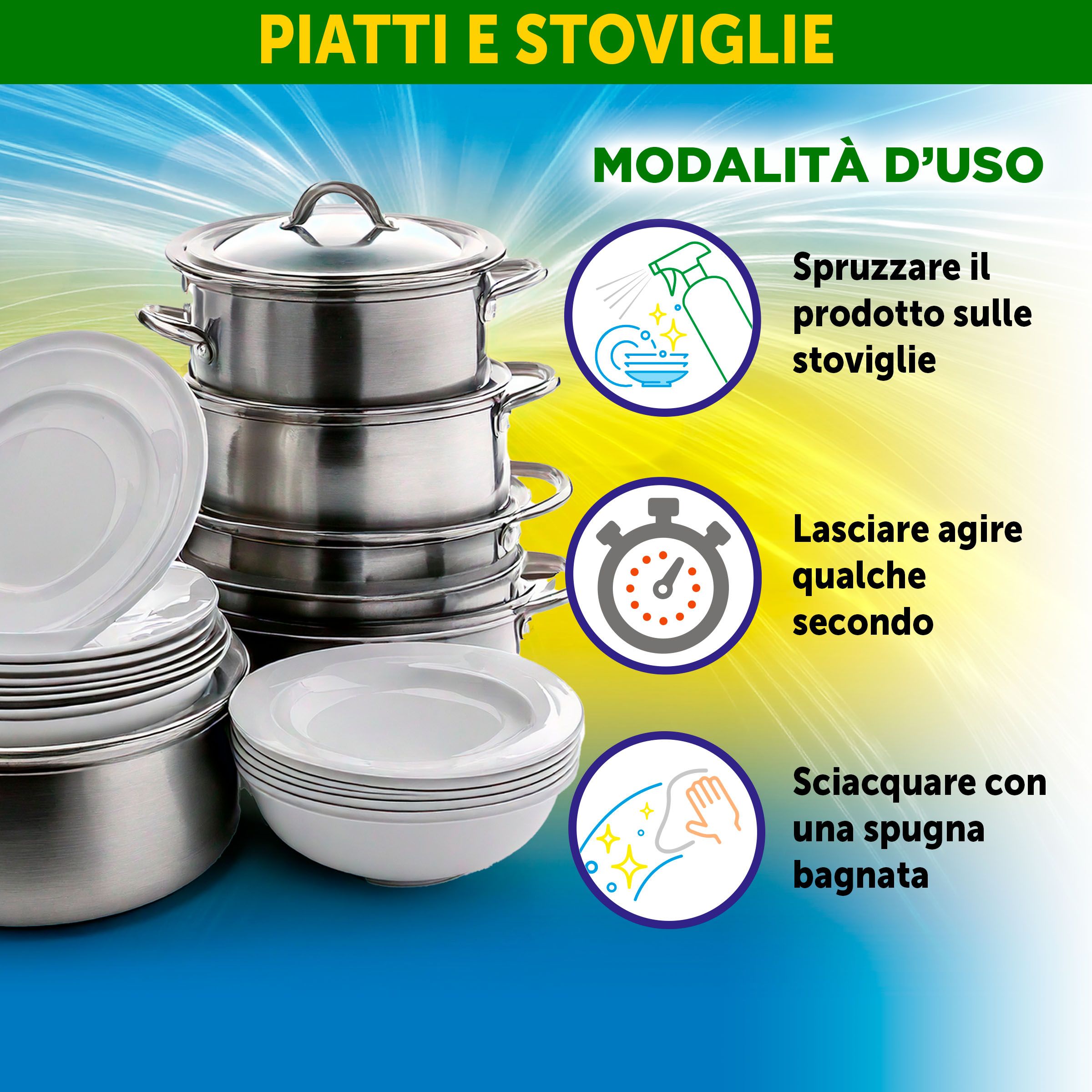 Piatti e pentole. Istruzioni: Spruzzare sui piatti, lasciare agire per qualche secondo, risciacquare con una spugna umida.