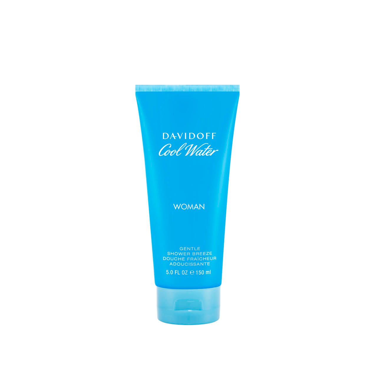Tubo di gel doccia blu. Scritta: Davidoff Cool Water Woman, Gentle Shower Breeze. 150 ml.