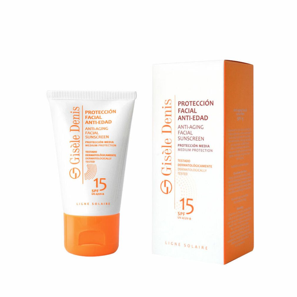 Tubo e scatola Gisele Denis, protezione solare viso anti-età SPF 15. Confezione bianca, dettagli arancioni.
