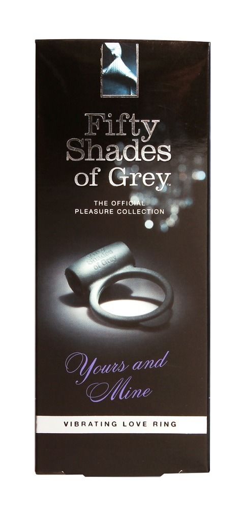 Confezione nera con immagine del prodotto. Scritta: Fifty Shades of Grey, Yours and Mine, Vibrating Love Ring.
