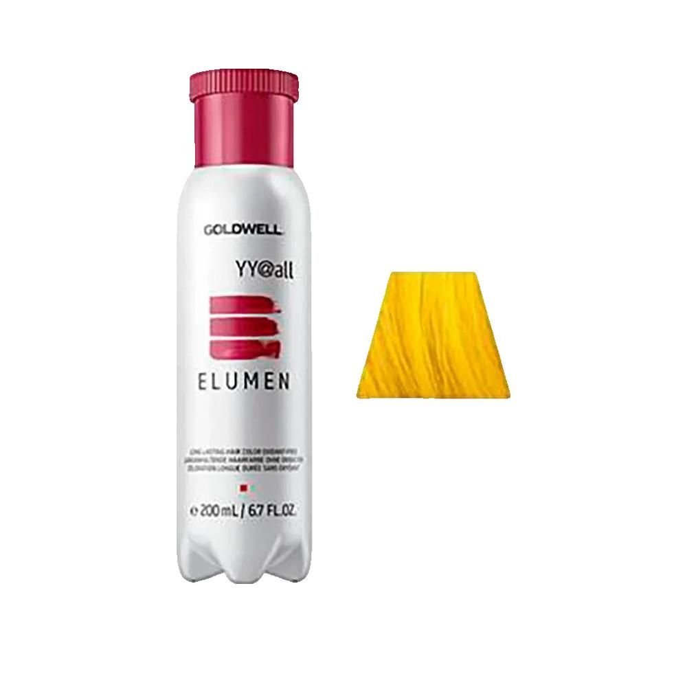 Flacone di tinta per capelli Goldwell Elumen e campione di colore giallo. Flacone bianco, tappo bordeaux.