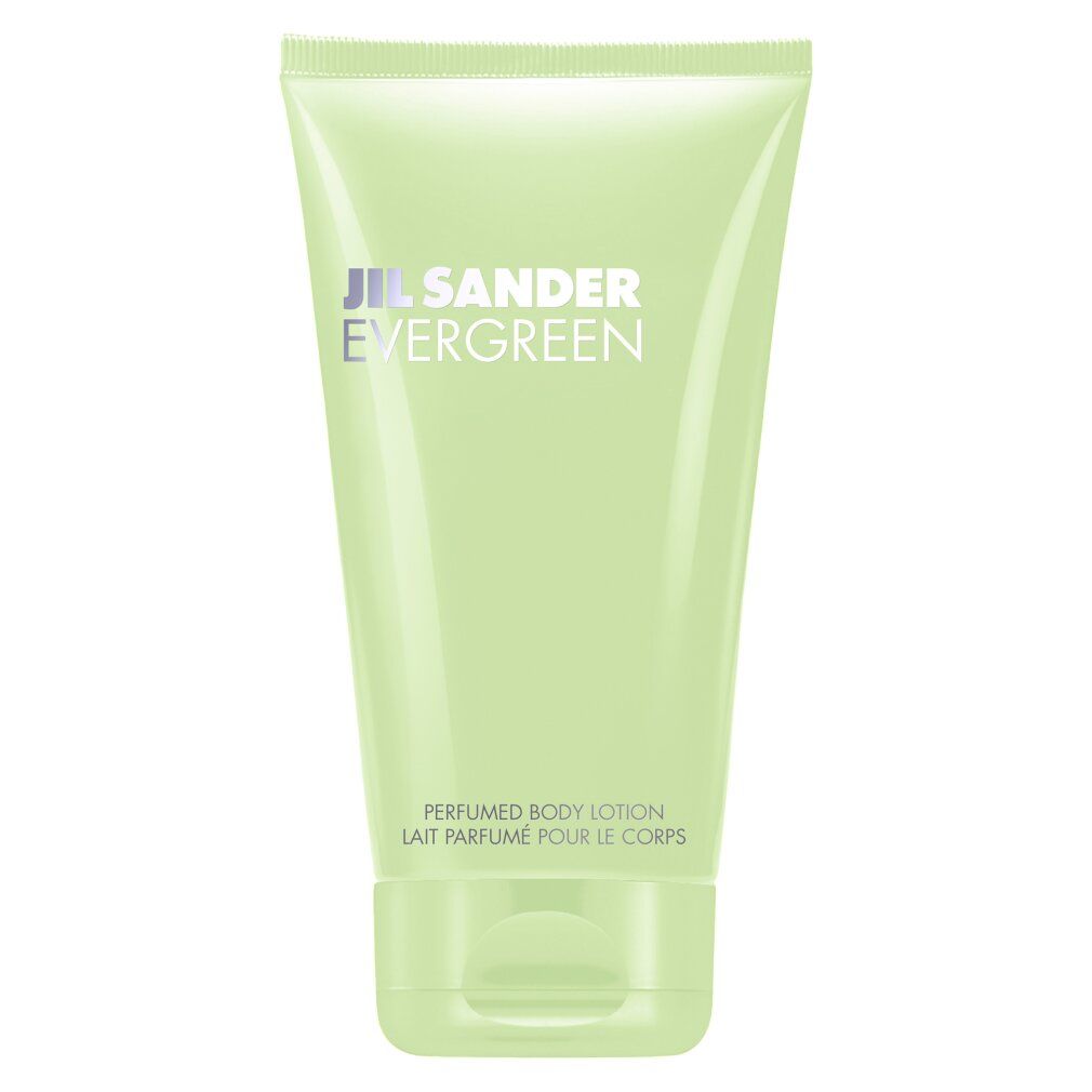 Tubo verde. Scritta: Jil Sander Evergreen. Prodotto: Perfumed Body Lotion. Bottiglia.