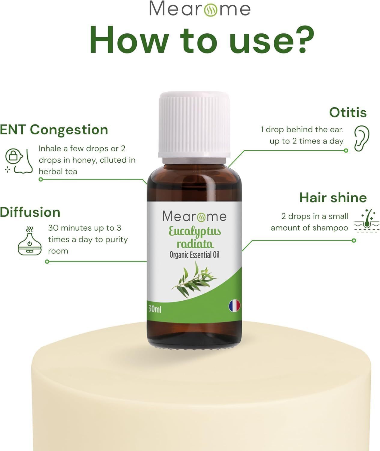 Flacone marrone con tappo bianco. Etichetta con testo. Informazioni sull'uso. Bandiera francese.