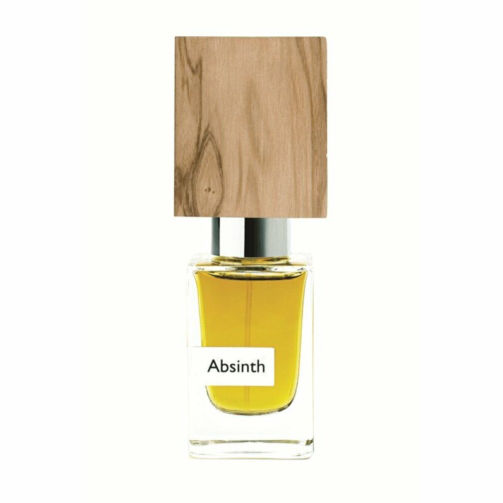 Flacone di profumo Absinth con tappo in legno. Sull'etichetta è visibile Absinth.