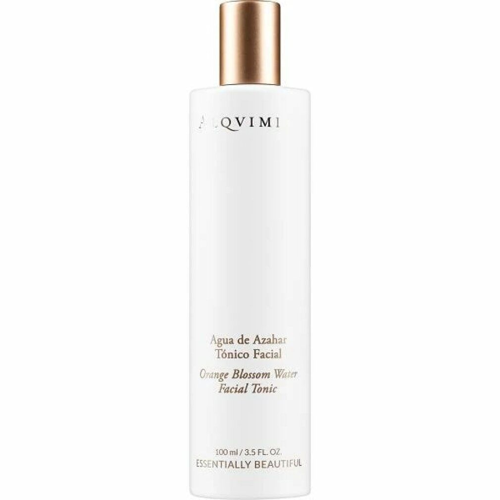 Flacone bianco con tappo dorato. Scritta: Agua de Azahar, Orange Blossom Water, Facial Tonic. Marchio Alqvimia.