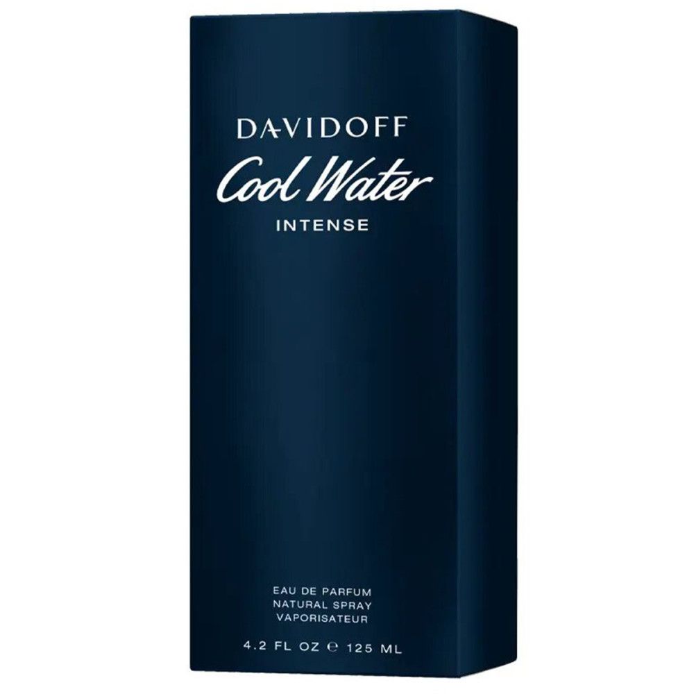 Confezione Davidoff Cool Water Intense EdP Nat. Spray. Blu, rettangolare. Scritte e dettagli del prodotto.