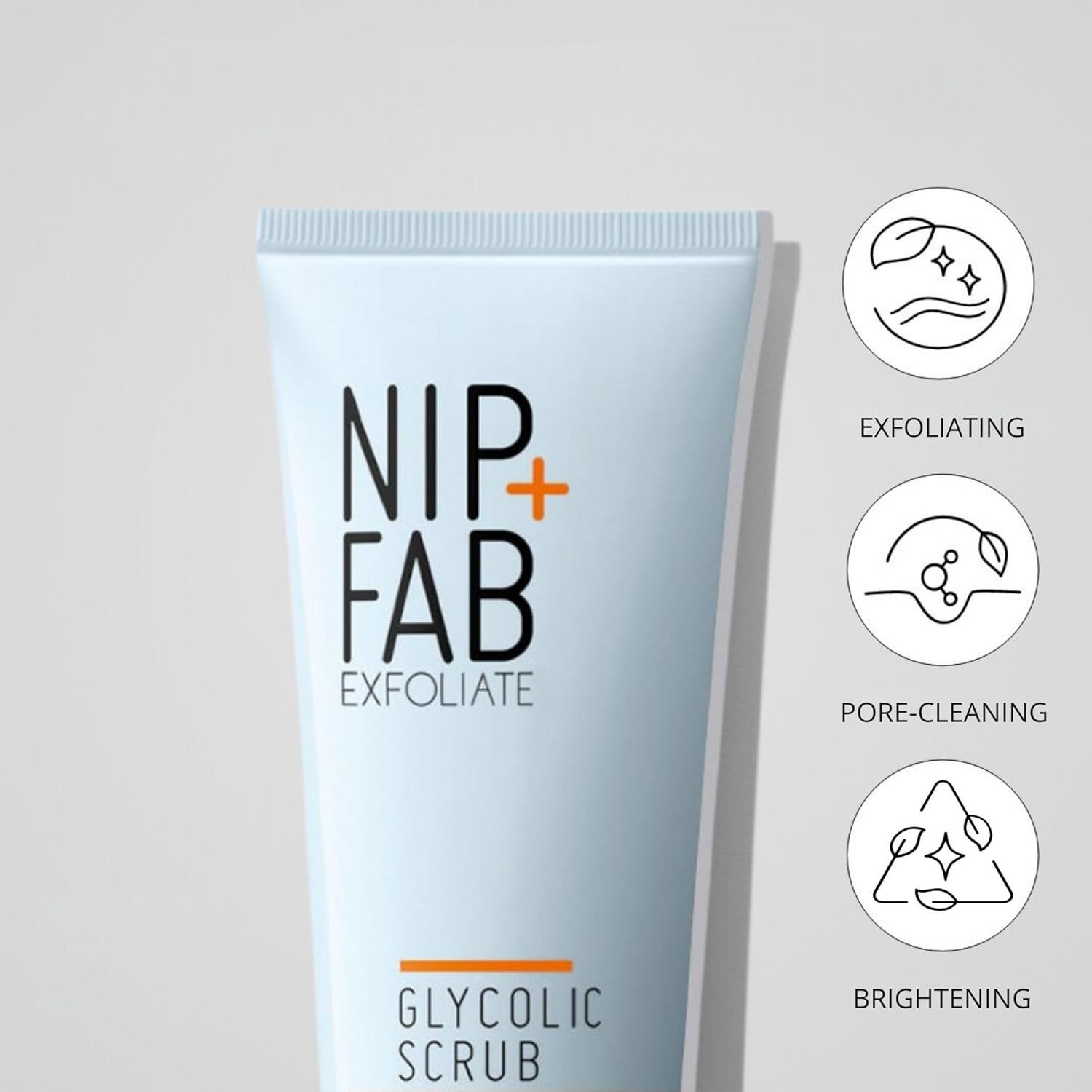 Tubo di prodotto. Marchio NIP+FAB, EXFOLIATE, GLYCOLIC SCRUB. Simboli: peeling, pulizia pori, illuminante.