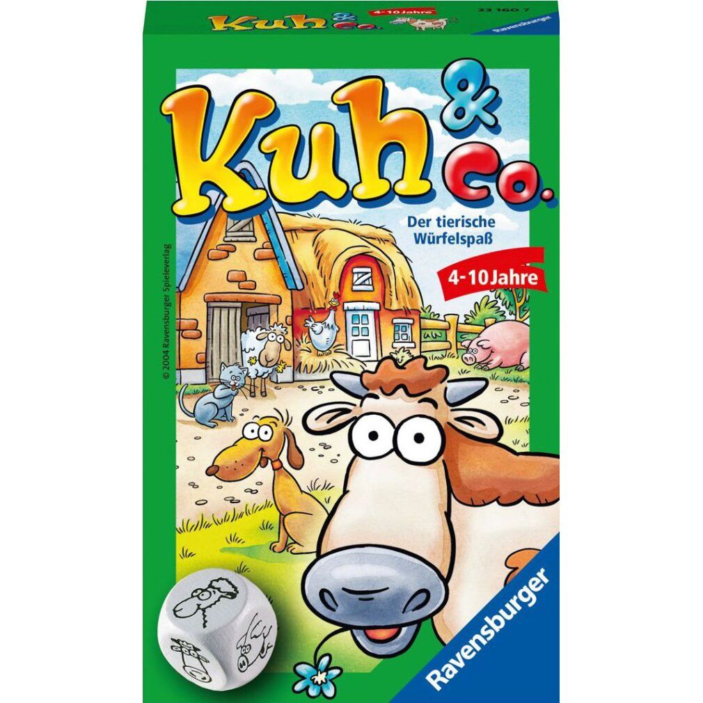 Scatola del gioco Kuh & Co. verde, illustrazioni di animali e fattoria. Dado, logo Ravensburger. Testo tedesco: Der tierische Würfelspaß.
