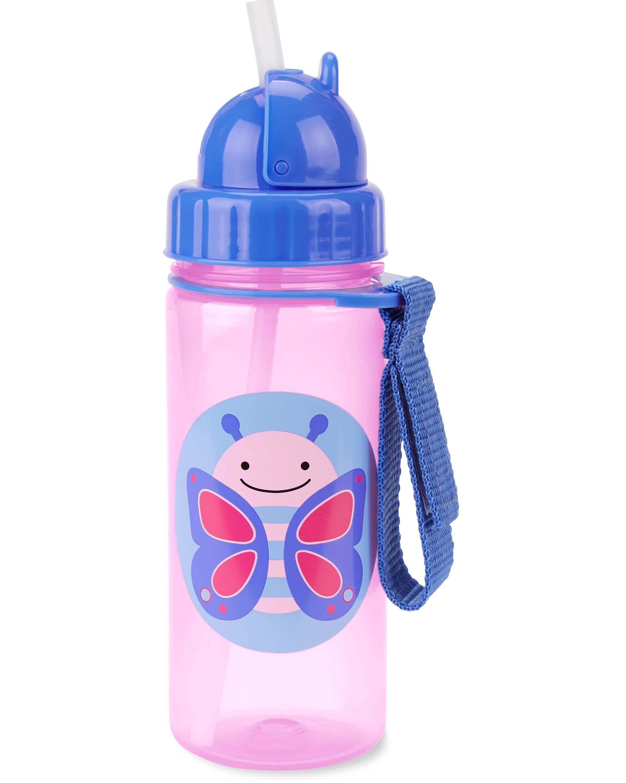 Borraccia rosa con tappo blu e motivo a farfalla. Con cinturino blu e cannuccia.