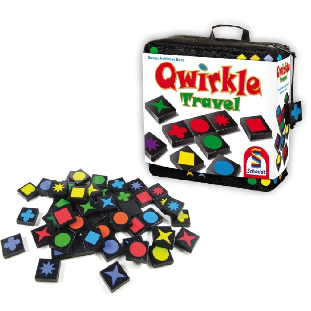 Gioco Qwirkle Travel con tessere. Tessere nere con forme colorate. Logo Schmidt Spiele.