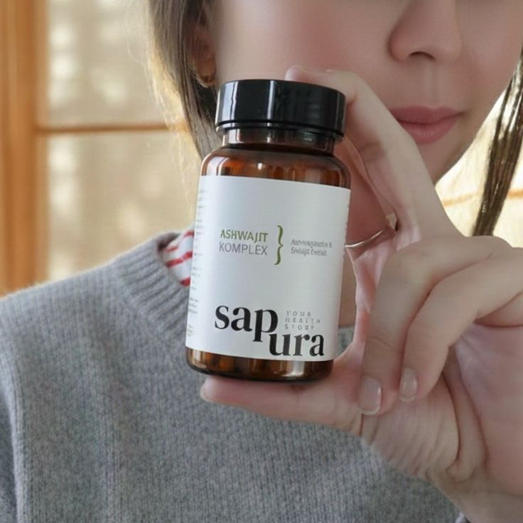 Flacone marrone con tappo nero. Etichetta bianca con testo: Ashwajit Komplex, Sapura Health. Donna tiene il flacone.