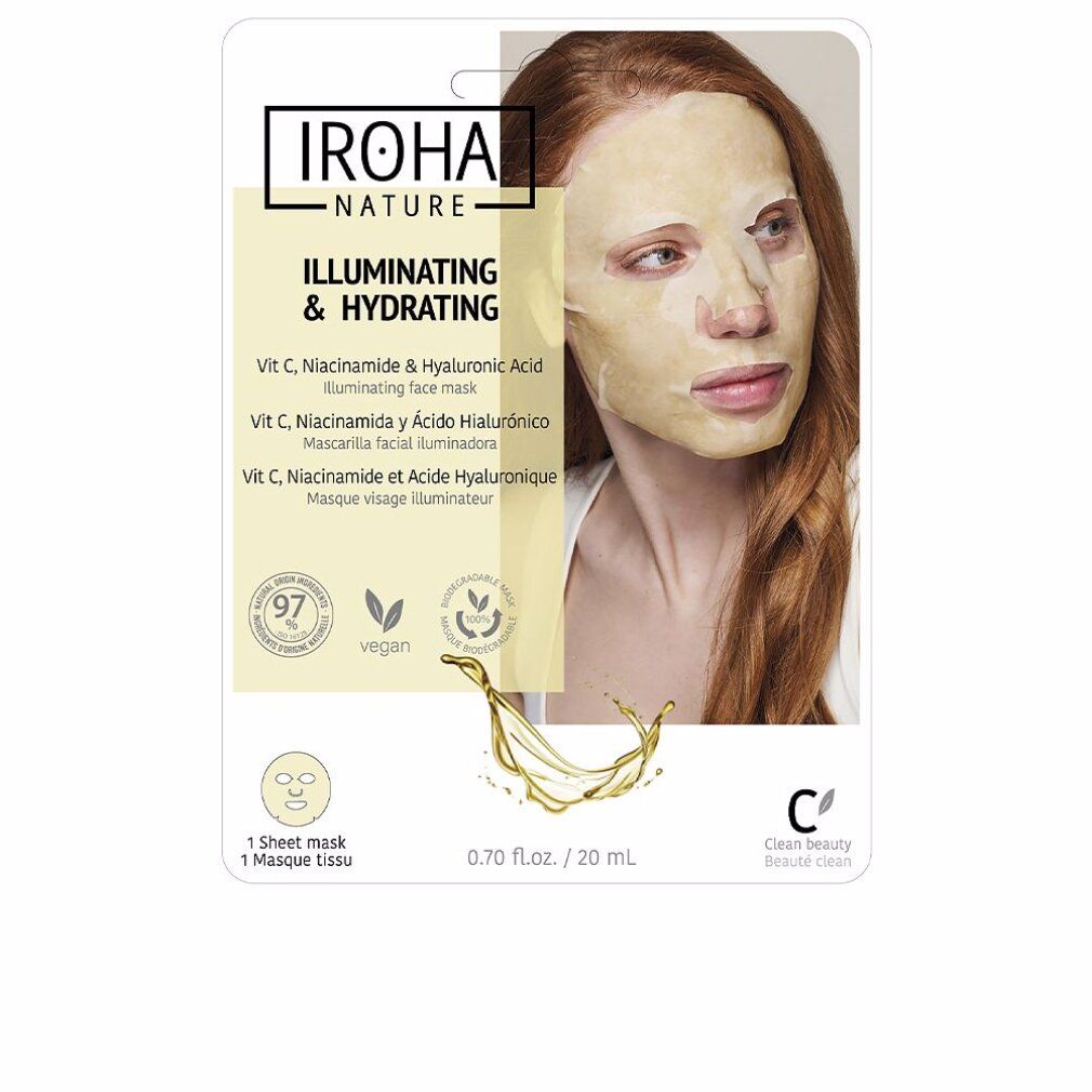 Maschera viso su viso. Confezione: Iroha Nature, Vitamina C, Niacinamide, Acido Ialuronico.